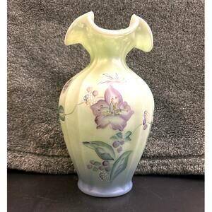 Fenton 1997 Sea Mist Iridized Vase Hand Painted with Signature and Label